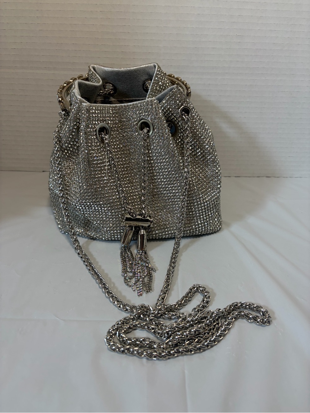 Silver Crystal Drawstring Bucket Bag - Women's Evening Handbag